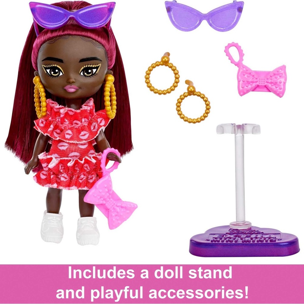Barbie Extra Mini Minis Doll with Burgundy Hair, Sunglasses & Red Ruffle Dress